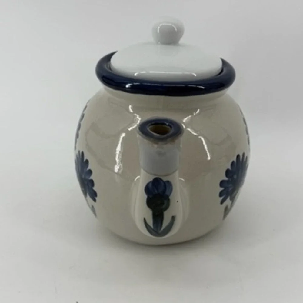 Louisville Stoneware Bachelor Button Teapot Blue Floral Kentucky Hand Painted